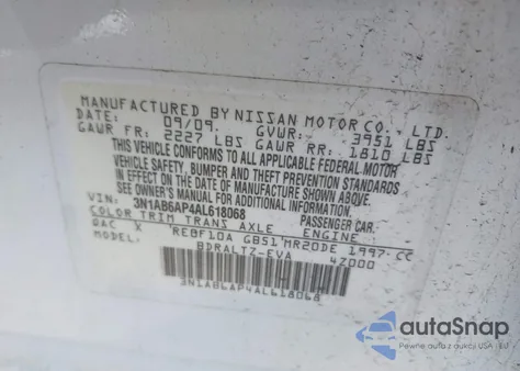 2010 Nissan Sentra 2.0Sr from USA, damaged, VIN 3N1AB6AP4AL618068